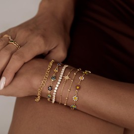 ASCOMY Dainty Gold Layered Bracelets for Women 14K Gold Plated Satellite Chain Bracelet for Women Flower Link Paperclip Tennis Chain Bracelets Set Adjustable Layered Bracelet Gold Jewelry Gift