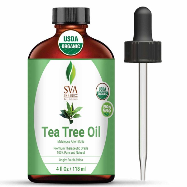 SVA Organics Tea Tree Oil Organic 4 Oz USDA Certified with Dropper 100% Pure, Natural Premium Therapeutic Grade Oil for Clear & Even Skin Tone, Soft Hair, Aromatherapy Diffuser