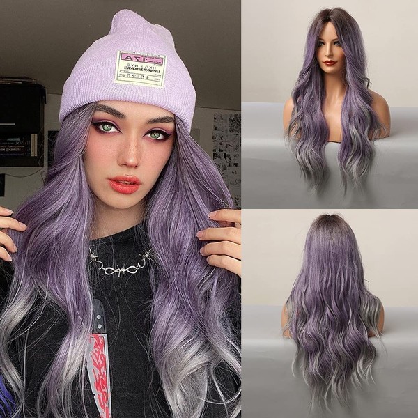 Esmee 24 Inches Ombre Purple to Grey Wigs for Women Synthetic Heat Resistant Fiber Natural Long Wave Wigs for Daily Party Cosplay Wear