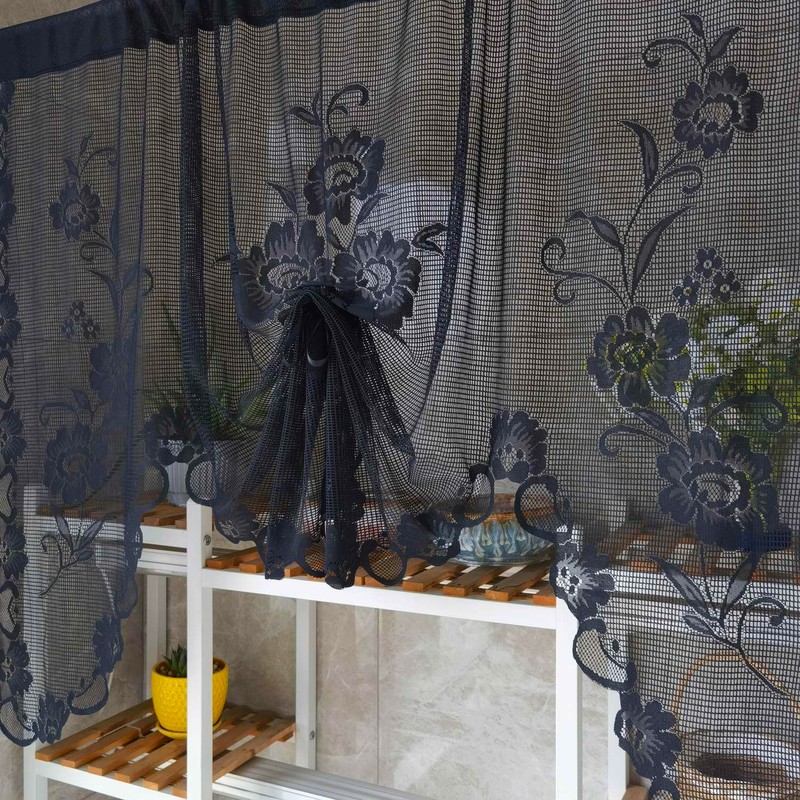 NewWPKIRA 1 Panel Black Floral Embroidery Sheer Lace Curtain Valance