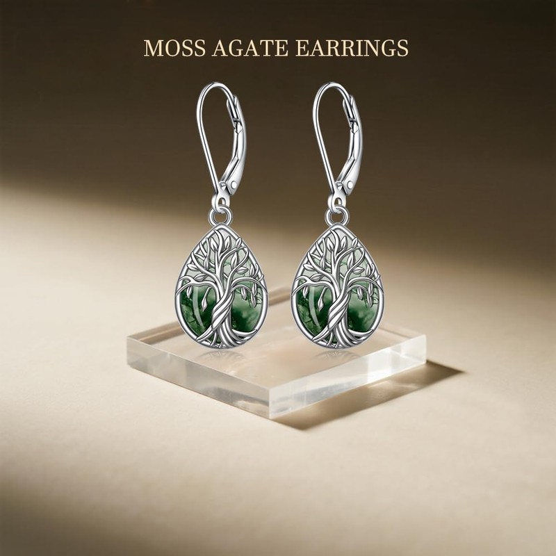 Sterling Silver Tree of Life Earrings for Women Moss Agate