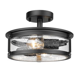 FOITTON 2-Light Semi Flush Mount Ceiling Light Fixture, Industrial Farmhouse Lighting, Black Matte Metal Hallway Ceiling Light with Seeded Glass for Bedroom,Living Room,Kitchen,Entryway,Dining Room