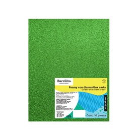 Barrilito Foamy carta con diamantina en color verde hoja, 1 paquete con 10 hojas. FCG012