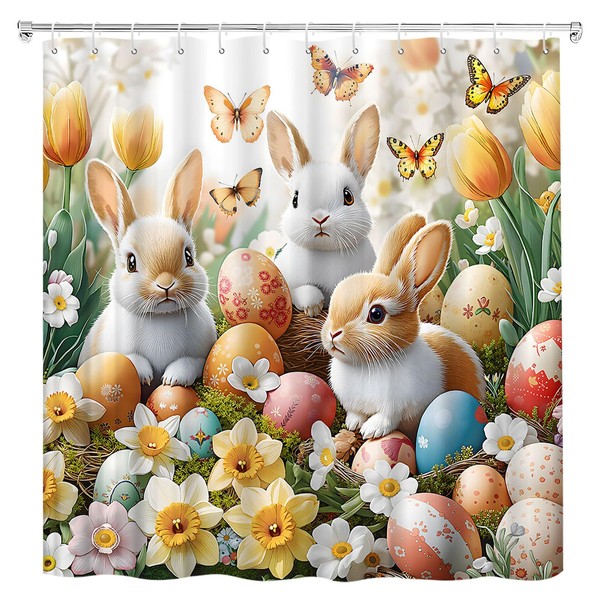 HYEEHY Happy Easter Shower Curtain Rabbit Cute Colorful Eggs Bunny