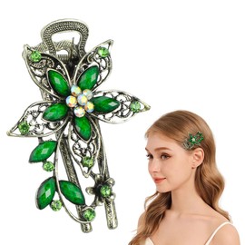 Green Flower Hair Clip Barrette Vintage Floral Hair Accessories for Women Lightweight Crystal Accent Clip for Weddings Parties Church Meetings Dancing Summer Picnic