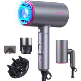 Pretfy Föhn Ionen Haartrockner,2000W Profi Fön Klappbar Haarföhn,Reise Föhn mit 3 Hitze-Einstellungen,Kaltlufttaste,mit Diffusor,Bürste, Spitze (Grau)