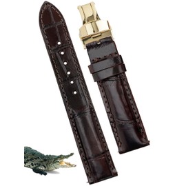 vinacreations 19mm Dark Brown Alligator Belly Leather Watch Band Gold Deployment Clasp Men Quick Release Crocodile Exotic Replacement Wristwatch Strap Premium Handmade DH-03D-G-19MM