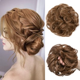 JJstar Large False Hair Bun Lightweight for Hair Elastic Synthetic Hair Wavy Real Hair Ponytail Thick Hair Updo for Women Girls (Medium Chestnut)