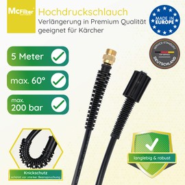 McFilter High Pressure Hose Extension 5 m for Pressure Washers Kränzle Quadro Series, Kärcher HD Series (without EasyLock) - NW 6 x 1, 200 bar, 60 °C, Connections M22 x 1.5 IG / M22 x 1.5 AG