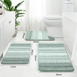 Kmson 3 Pcs Ombre Chenille Bathroom Rugs Set, Non-Slip Ultra Soft Washable Shaggy Bath Rugs for Bathtub, Thick Water Absorbent Microfiber Shower Mat Green