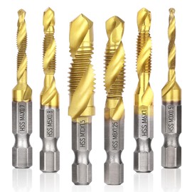 Drill Tap Set, Valkynos 6 Packs Titanium Plated Combination Taps Drill Bit Set, M3 M4 M5 M6 M8 M10 Hex Shank HSS Screw Thread Metric Compound Tap Drill Bits Metal Drilling