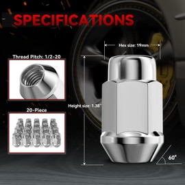 EZISOE 20pcs Chrome 1/2-20 Closed End Bulge Acorn Lug Nuts Cone Seat, 1.4 Inch Tall 3/4" Hex, for Bronco Cherokee Liberty Mustang Ranger Explorer YJ TJ KJ KK ZJ WJ WK XK MJ XJ Aftermarket Wheels