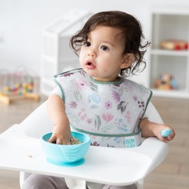 Bumkins Bibs for Girl or Boy, SuperBib Baby and Toddler for 6-24 Mos, Essential Must Have for Eating, Feeding, Baby Led Weaning Supplies, Mess Saving Catch Food, Waterproof Soft Fabric, Gray Floral