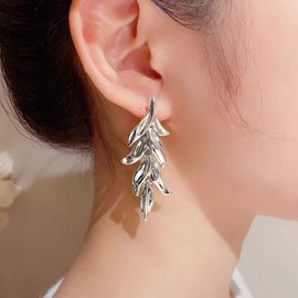 YienDoo Statement Leaf Dangle Drop Earrings Vintage Silver Leaf Cluster Drop Earrings Punk Large Leaf Dangle Earrings Bridal Earring Wedding Prom Earring Jewelry for Women and Girls