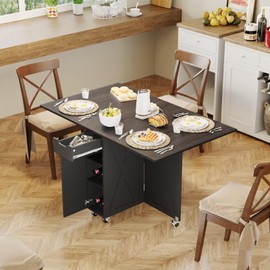 3imothrix Folding Dining Table, Dinner Table with Drawer and Storage and Shelves, Space Saving Dining Table with 6 Wheels, Kitchen Table for Small Spaces (Black)