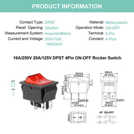 QTEATAK 2Pcs AC 20A/125V 15A/250V DPST 4 Pins 2 Position ON/Off Boat Rocker Toggle Switch with Red LED Light