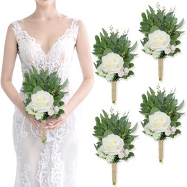 SEMONONIA 8 Inch Bridesmaid Bouquets Set of 4 - Ivory Artificial Flowers Greenery Bouquet for Wedding, Silk Small Floral Bouquet for Ceremony and Anniversary Marriage Proposal Centerpiece Decorations