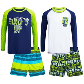 Quad Seven Boys Swim Set - 4 Piece Board Shorts Swim Trunks Long Sleeve Rash Guard for Boys Kids Swimwear (Sizes: 5-12), Size 5-6, Surfs Up/Palm Trees