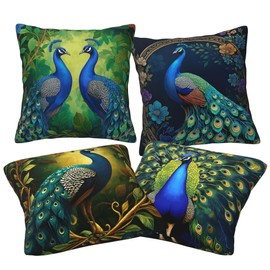 4pack Peacock Throw Pillow Covers, Turquoise Farmhouse Pillow Covers for Home Decor, Vintage Teal Floral Art Throw Pillowcase for Bed Couch Car Garden Living Room 18x18 Inch