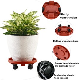 5 Pakcs Large Plant Caddy with Wheels 15.8" Rolling Plant Stands Heavy-duty Plastic Plant Roller Base Pot Movers Plant Saucer on Wheels Indoor Outdoor Plant Dolly with Caster Tray Coaster Red