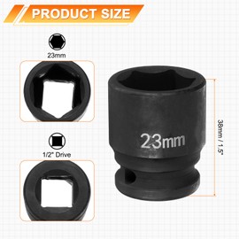 HARFINGTON 5pcs 6 Point Impact Socket 23mm Metric Socket 1/2" Square Drive 1.5" (38mm) Long Phosphated Cr-Mo Steel Spindle Axle Hex Nut Sockets, Black