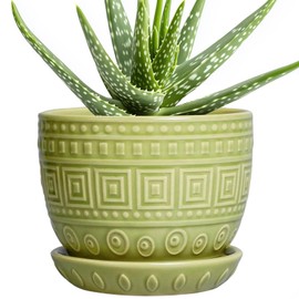 G EPGardening Ceramic Pots for Plants - 5.5 Inch Round Ceramic Planter for Indoor, Boho Succulent Pot with Drainage Hole and Plant Saucer, Gift for Plant Lover, Garden Home Desk Decor, Green