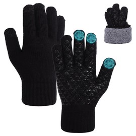 Fjquamitix Thermal Touch Screen Gloves for Men Women, Winter Warm Elastic Non-slip Soft Fleece Lined Knitted Gloves (Black, L)