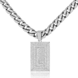 DSFFDSQ Diamond Prong Cuban Chain Necklace, Square Cursive Silver Initial Necklace for Women, Cuban Link Chain for Women Hip Hop Iced Out Chain Necklaces Jewelry (L, Silver)