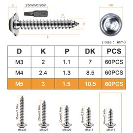 ddckj Pack of 60 Self Tapping Screws M5 x 16 mm Flat Head Self-Tapping Screws with Disc Washers Stainless Steel Screws Wood Full Thread Wood Screws Torx A2 V2A with T25 Drill