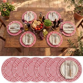 Gandeer 6 Set Red Gingham Party Placemats 17'' x 17'' Ruffle Placemats Washable Vintage Checkered Plaid Table Mats for Home Kitchen Dinner Table Party Decorations
