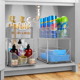 Sorbus 2 Sets of 2 Tier Metal Under Sink Organizer for Bathroom, Kitchen, Strong Steel Mesh Sliding Drawers for Under Sink, Under Cabinet, Closet, Kitchen, Pantry, Bathroom Organizers and Storage