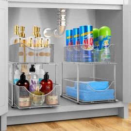 Sorbus 2 Sets of 2 Tier Metal Under Sink Organizer for Bathroom, Kitchen, Strong Steel Mesh Sliding Drawers for Under Sink, Under Cabinet, Closet, Kitchen, Pantry, Bathroom Organizers and Storage