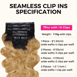 Lashey Seamless Hair Extensions Real Human Hair 110g 7pcs Body Wave 18 Inch Clip in Hair Extensions Human Hair Ombre Natural Black to Honey Blonde Hair Extensions with PU Weft Invisi Edge