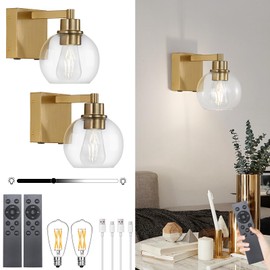HONGREN Battery Operated Wall Sconces Set of Two Glass Gold Cordless Rechargeable Wall Sconces with Remote Control LED Dimmable Wall Lights for Living Room Hallway (2 Pack)