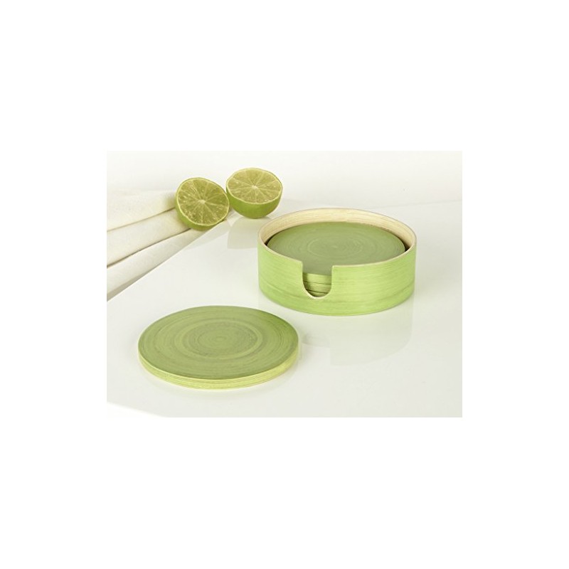 Randwyck Round Spun Bamboo Coasters in Holder, Green, 4-Piece
