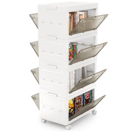 Giantex 44 Gal Plastic Storage Bins with Lids, 4 Tier Stackable Storage Boxes with Wheels, Closet Drawer Storage Container for Living Room, Home, Party, Office, Dorm (4 Pack)