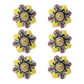 Rasiya Art Yellow Boho Drawer Ceramic Knobs - Countryside Dresser Pull Handle Kitchen Cabinets Cupboard Wardrobe Knob Farmhouse Decor Furniture Hardware - Yellow Floral - Pack of 4