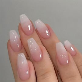Coffin Press on Nails Short Fake Nails Ombre Nails Press ons Nude White Gradient Acrylic Nails Glossy Glue on Nails French False Nails Artificial Stick on Nails for Women 24 Pcs