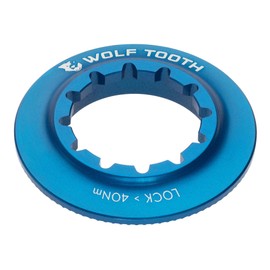 Wolf Tooth: Centerlock Rotor Lockring, Internal Spline Blue, Inner Serration, 0.4 inch (9 mm) QR, Compatible with 0.5 inch (12 mm) Thru Axles