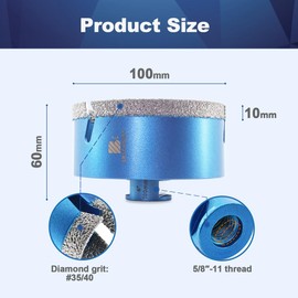 4 Inch Diamond Core Drill Bit for Porcelain Tile Ceramic Marble Granite Drilling,BRSCHNITT Vacuum Brazed Diamond Hole Saw with 5/8-11 Thread