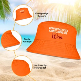 Bring Mir Wein - Lustiger Fischerhut – Der perfekte Sonnenhut für Herren & Damen – Ideal als Malle-Outfit, Party-Accessoire & Festival-Eimerhut für den Strand | Farbe Orange