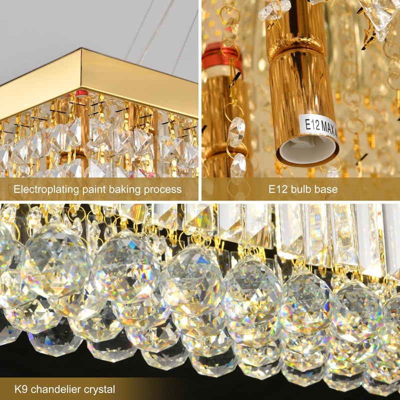 MSSIAN Premium K9 Crystal Chandelier, Gold Classic Rectangular, E12 Base