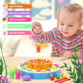 MOVEONSTEP Wooden Magnetic Fishing Toy for Kids 3 Years Old, 2 in 1 Montessori Educational Toy Party Play Game Christmas Birthday Gift for Girls Boys