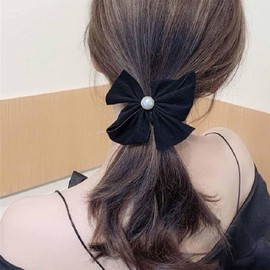 Vacaonio French Pearl Bow Hair Ties Rope Black Bow Hair Scrunchies Bow Knot Ponytail Holder Hair Tie Ribbon Bow Hair Rubber Band Elastic Bow Pearl Hair Rope Band Decorative Hair Accessory(Velvet Bow)
