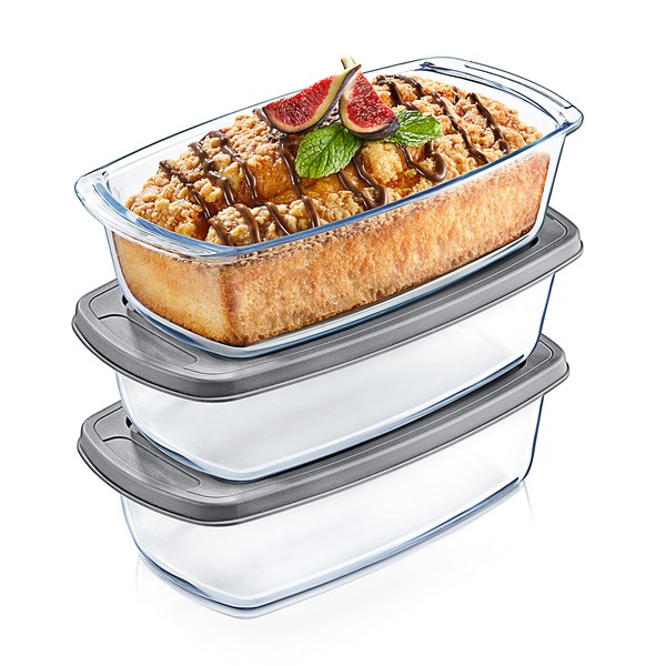 NutriChef 3 Sets Loaf Pan - 62.07oz Stackable Superior Premium Glass Meal-prep Food Container w/Airtight Locking Lid, BPA-Free Leakproof, Freezer-to-Oven-Safe, For Bread, Cake & Pastries, Clear