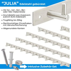 Stahlia Julia Coat Hook Rack Brushed Stainless Steel Coat Rack with 1/4/6/8/10 Hooks Wall Hook Wall Coat Rack Choice of Length: 4 Hooks (L: 310 mm)
