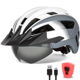 FUNWICT Adult Bike Helmet with Visor and Goggles for Men Women Mountain Road Bicycle Helmet Rechargeable Rear Light Cycling Helmet (M: 54-58 cm (21.3-22.8 inches), White Grey)