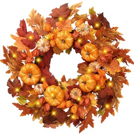 Sggvecsy Fall Wreath 21’’Artificial Autumn Front Door Wreath with Orange Pumpkins Maple Leaves Lantern Fruit Cape Gooseberries for Outside Indoor Wall Window Festival Thanksgiving Harvest Fall Decor