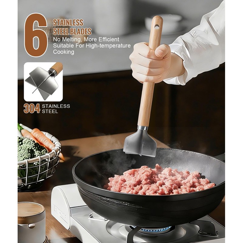 Stainless Steel Meat Chopper, 6 Curve Blades Meat Masher, 11