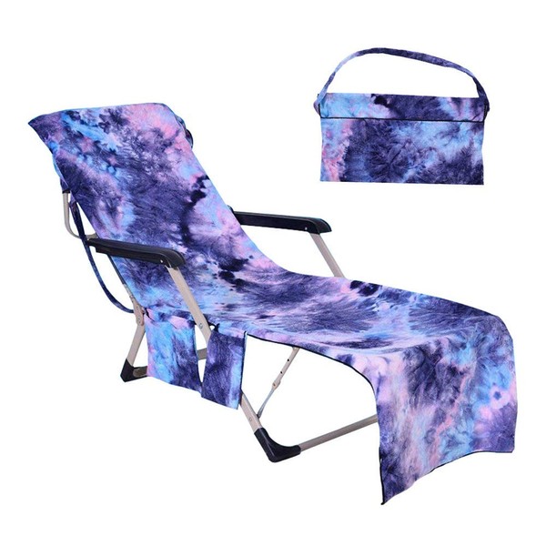 JVJQ Microfiber Beach Chair Cover with Storage Pockets, Water Resistant Blue Tie-Dye